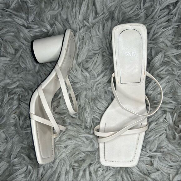 Zara neutral off white square toe round heel strappy sandals women’s shoe size 9 - Picture 3 of 12